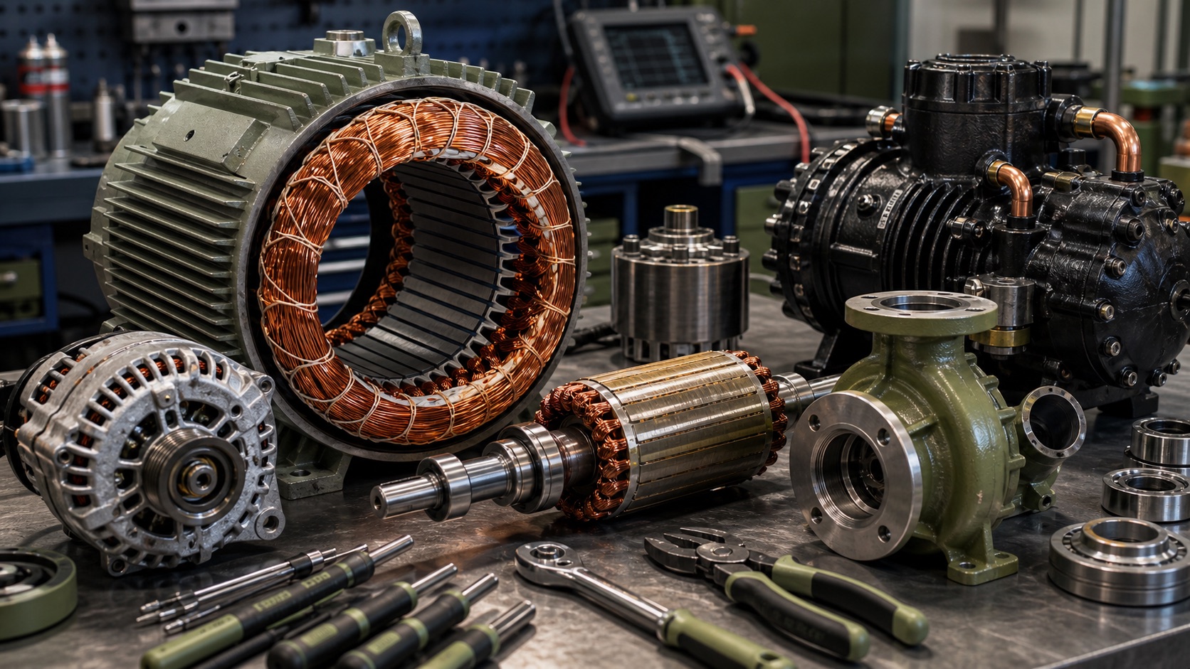 Electromechanical repair workshop with motors, alternators, pumps, and tools